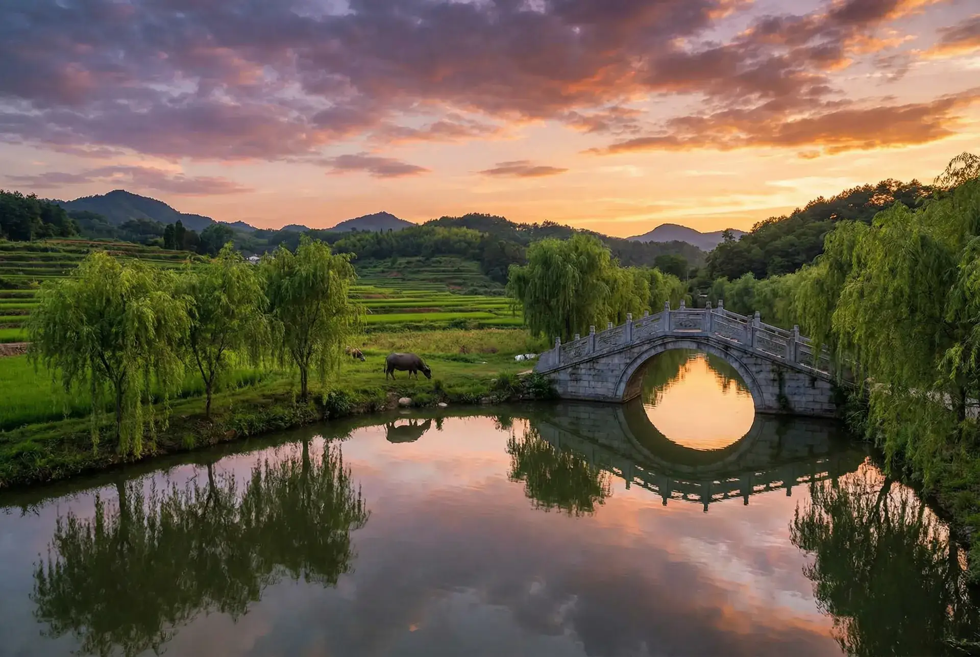 夕阳下的石拱桥与垂柳，水牛在河边吃草 - 南京滴滴外卖 乡村美景